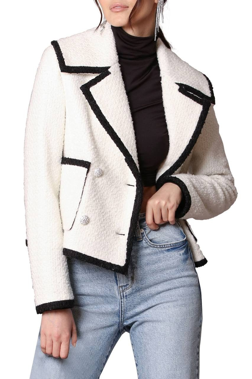 Avec Les Filles Tweed Double‑Breasted Tipped Jacket Cream M NWOT $169