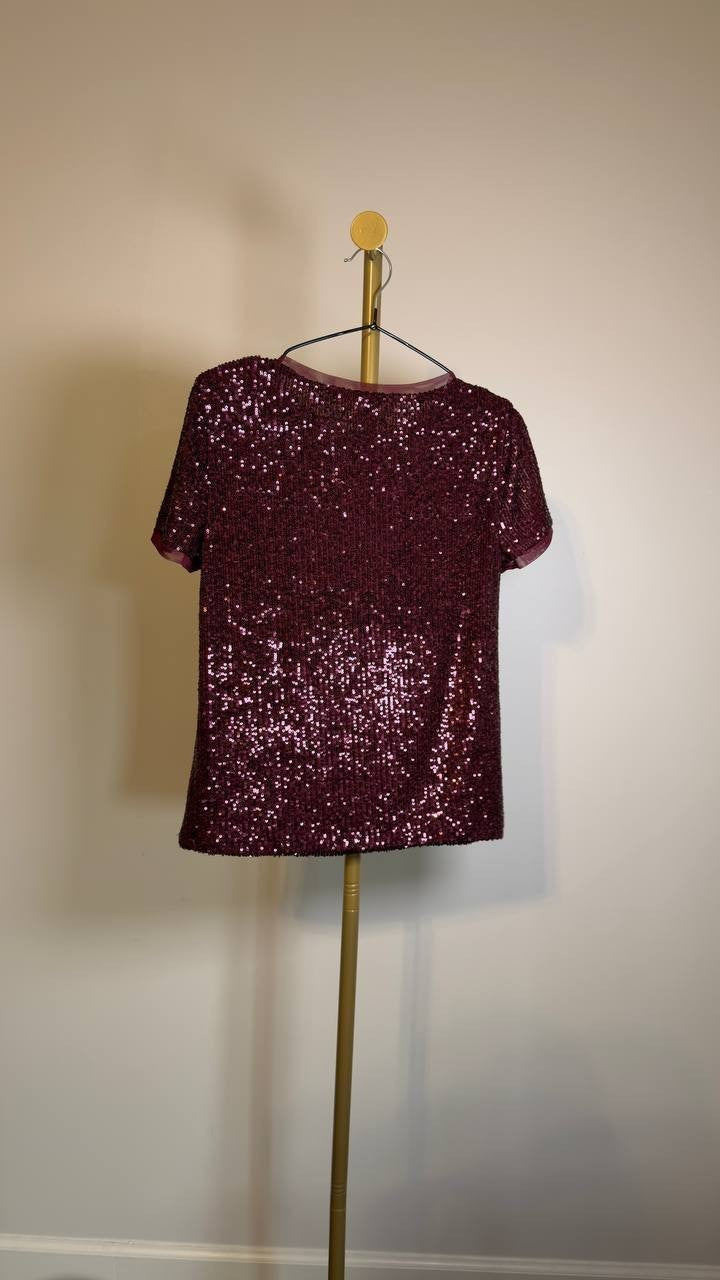 Anne Klein Short‑Sleeve Sequin Knit Top XS Cherry NWT $89