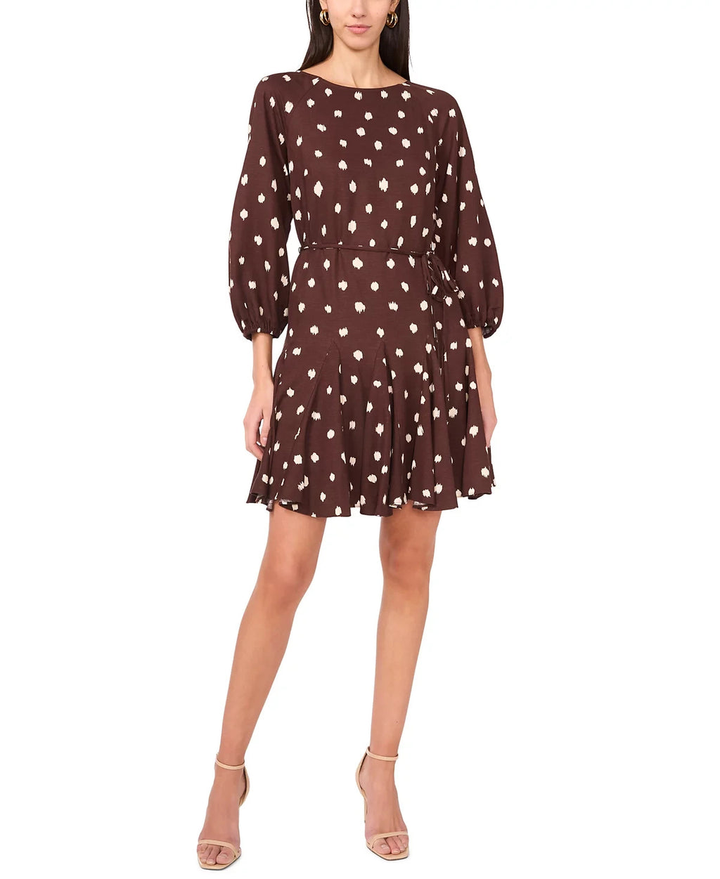 1.STATE Women's Dot Mini Dress Mahogany M – 3/4 Sleeve, Tie Waist