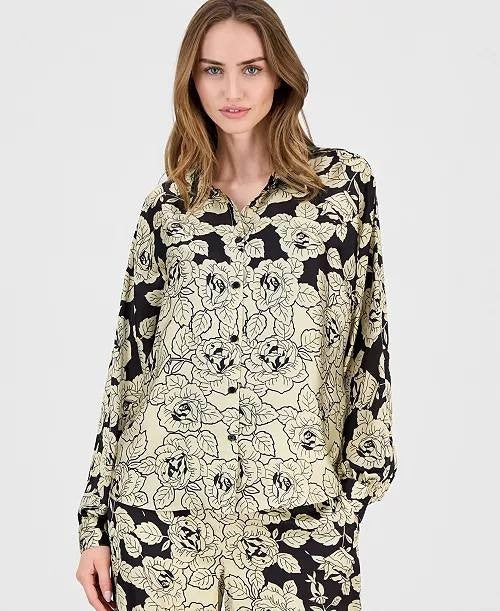 T Tahari Printed Dolman‑Sleeve Button Blouse Gold/Black L NWT $78