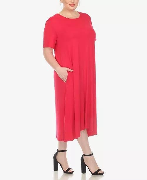 White Mark Plus Size Short Sleeve Pocket Swing Midi Dress Magenta 3XL NWT $68