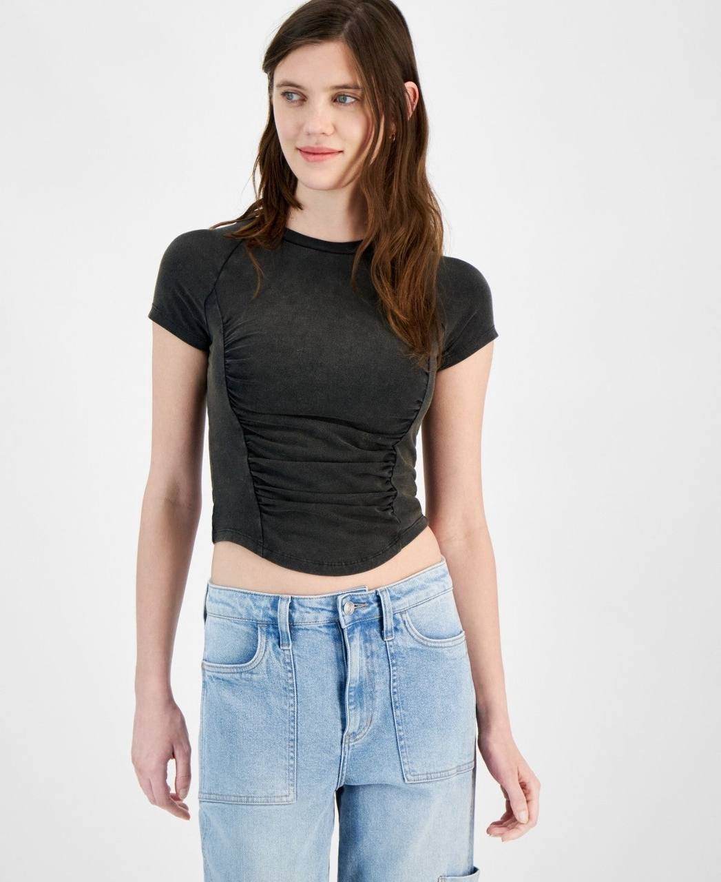 Just Polly Ruched Short Sleeve Top Black, Juniors L, Slim Stretch Knit NWT