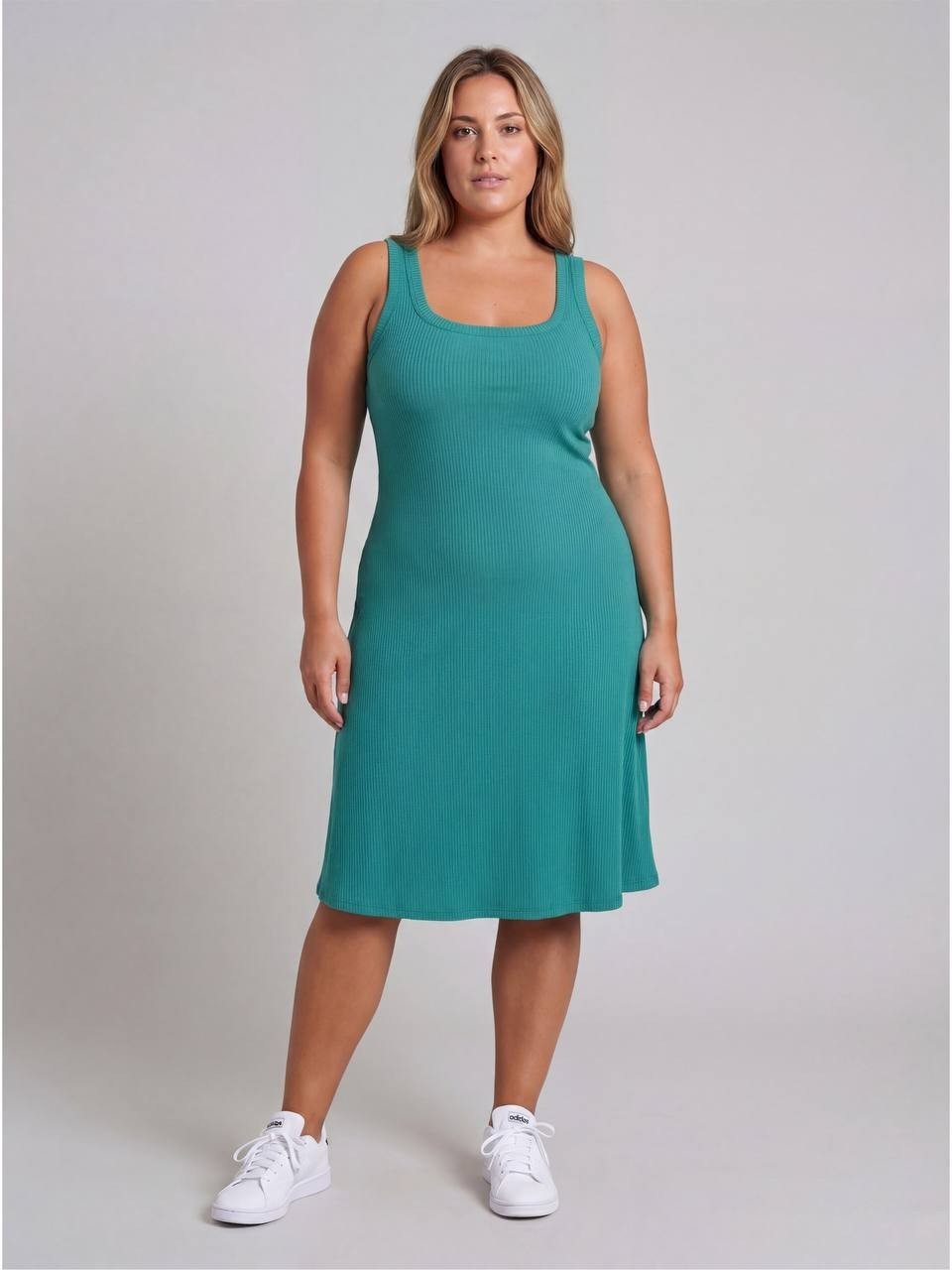 24Seven Comfort Curvy Ribbed Knit Scoop Neck A‑Line Midi Dress Jade 1X NWT $43