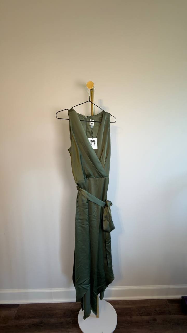 Anne Klein Surplice Handkerchief-Hem Sleeveless Midi Dress Olive 2 NWT $129