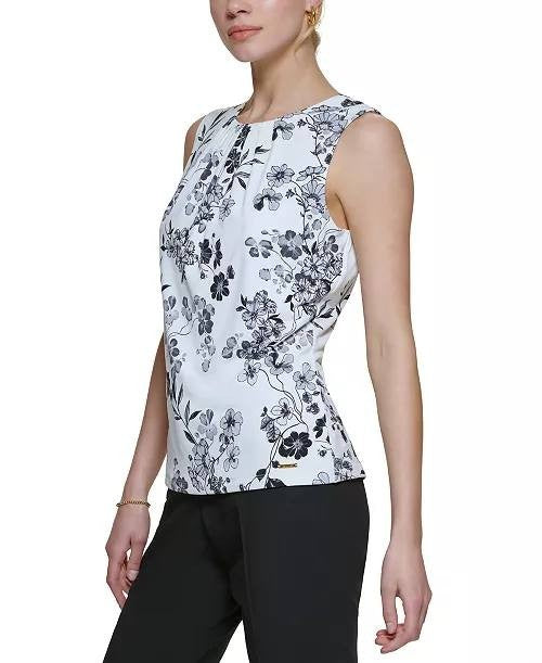 Calvin Klein Printed Pleat Neck Blouse Multi Keyhole Back SizeXL NWOT needs wash