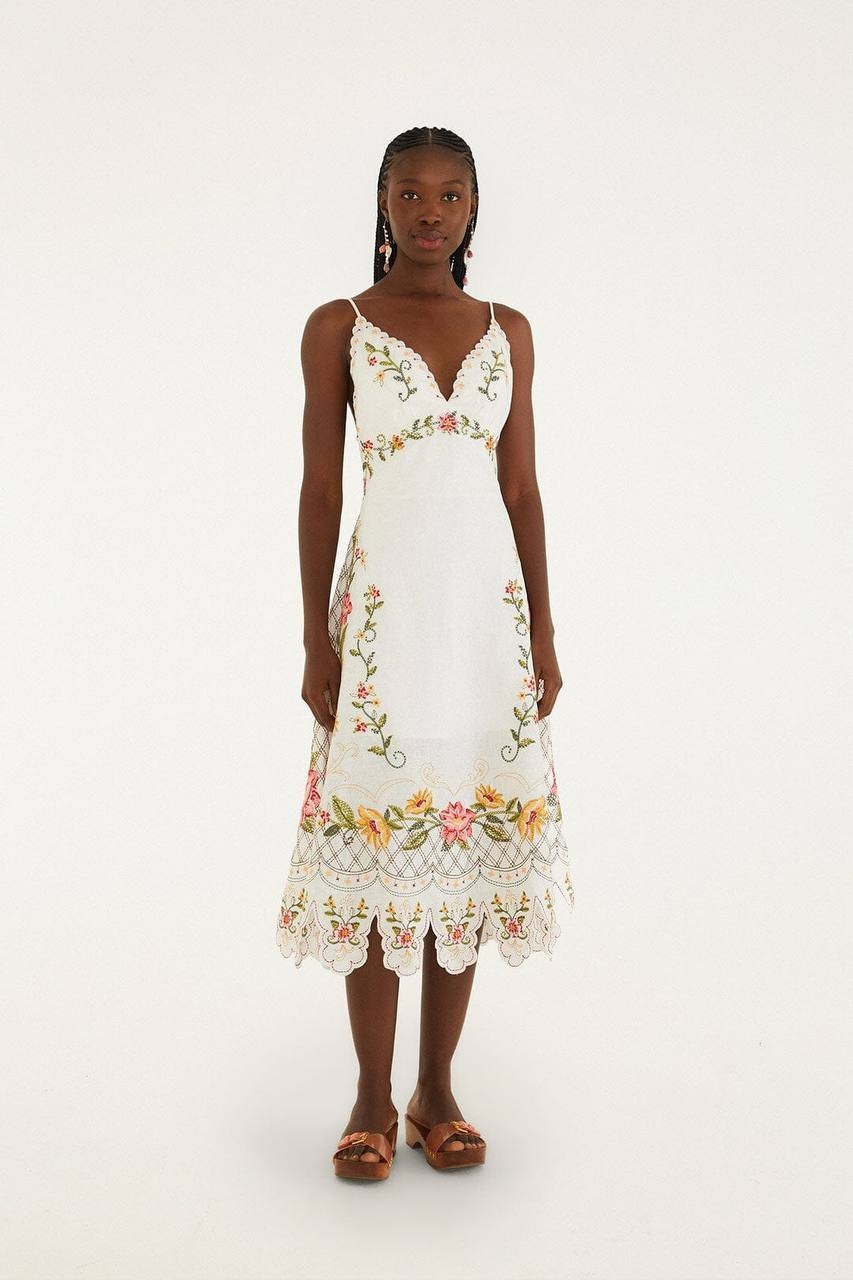 FARM Rio Off‑White Flower Embroidery Asymmetric Hem Midi Dress L NWT