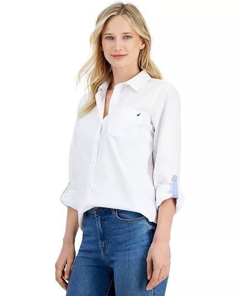 Nautica Women’s Roll‑Tab Button‑Front Shirt White L Pre‑Owned Excellent $64.50