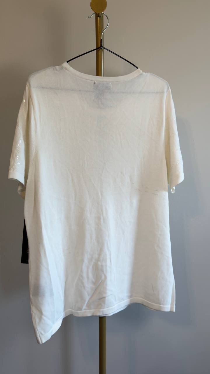 Donna Karan NY Short-Sleeve Sequin Detail Sweater Cream XL NWT $99