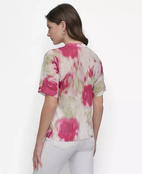 DKNY Watercolor‑Print Short‑Sleeve Sweater Blush Multi XS $89 NWT