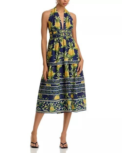 FARM Rio Pineapple Print Midi Dress Navy Multicolor, Size S, New with Tags