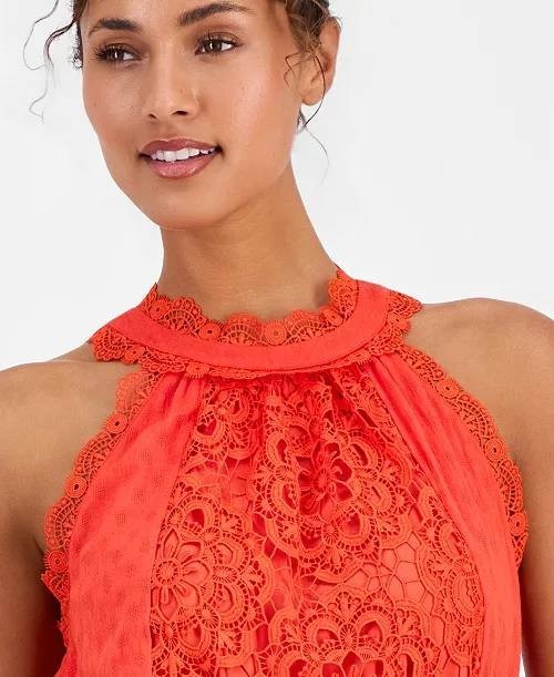 T Tahari Sleeveless Halter Lace Maxi Dress Bright Poppy S/P NWT $178