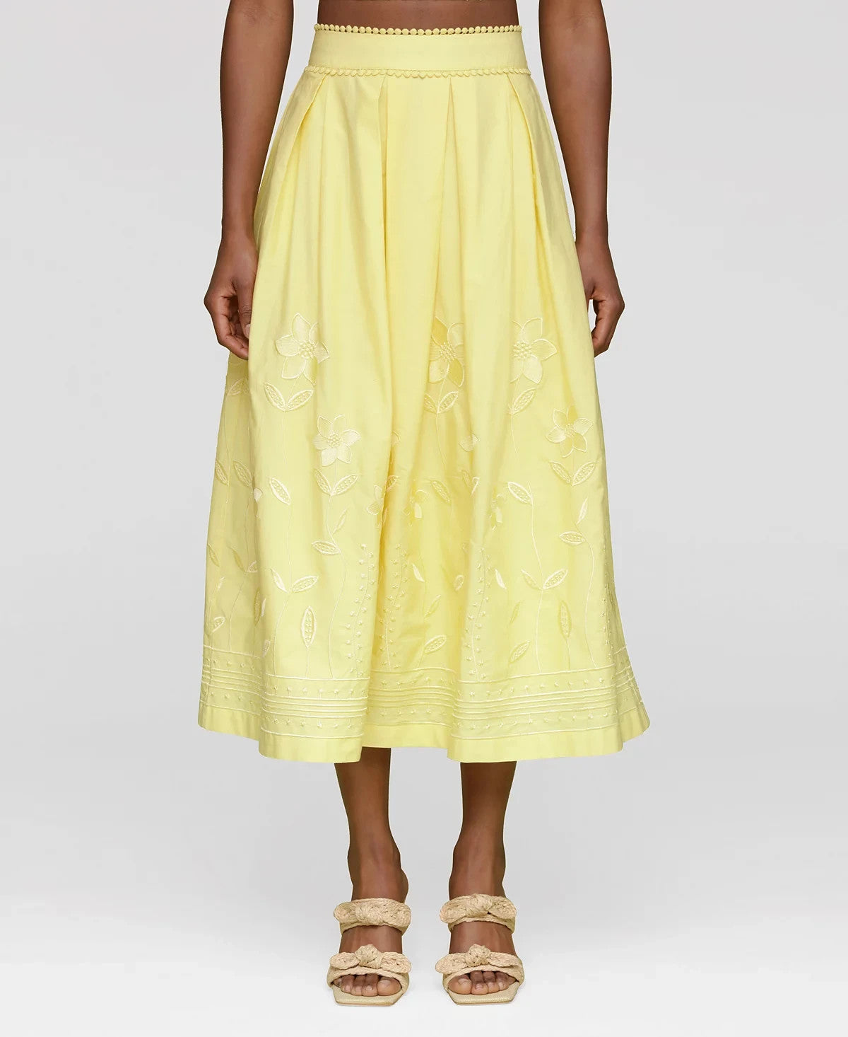 Avec Les Filles Embroidered Cotton Midi Skirt Yellow Floral Lace US 2