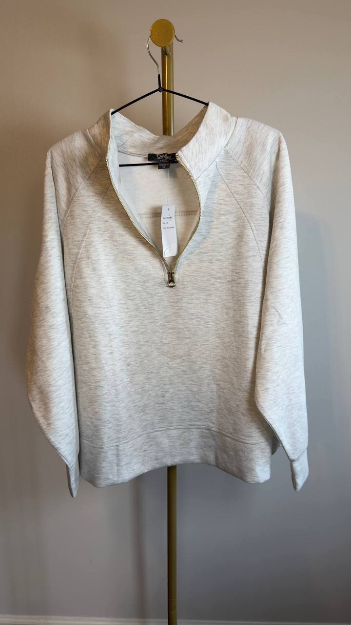 Belldini Plus Scuba Knit Quarter‑Zip Top Light Grey 2X NWT $49