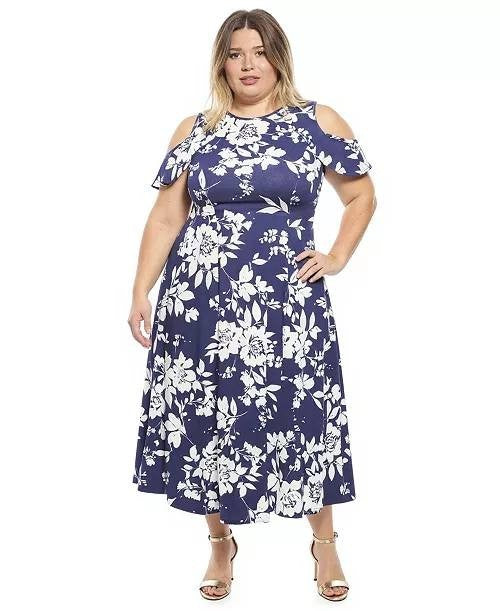 24Seven Comfort Apparel Cold Shoulder Maxi Dress Blue Multi XL NWT $117