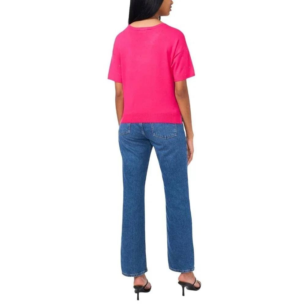 Sam & Jess Short‑Sleeve Embellished Sweater Electric Pink XS NWT $59