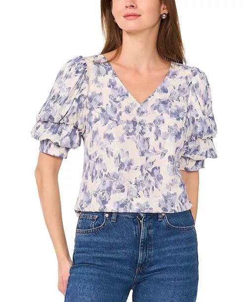 Sam & Jess Floral‑Print Bubble‑Sleeve Top Floral Multi XL NWT $59