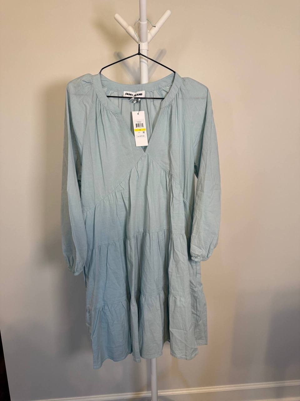 DKNY Tiered V‑Neck Puff‑Sleeve Midi Dress BLUE– Size M – NWT – MSRP$79
