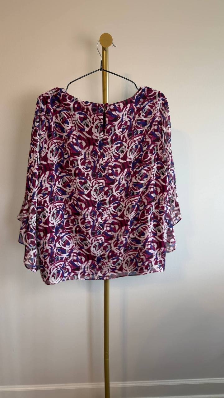 Kasper Flutter‑Sleeve Abstract‑Print Top Cerise Multi L NWT $69