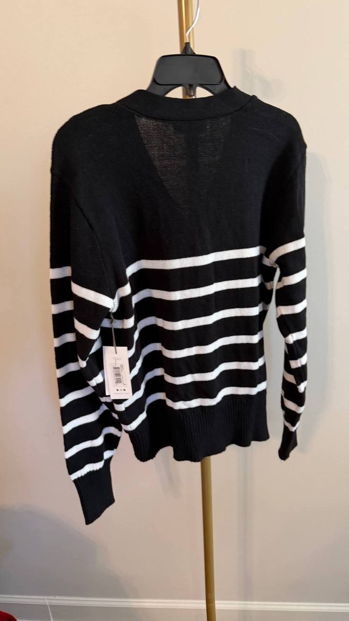 Three Dots Women’s Mackenzie Knit Button Cardigan Black Stripe M $98 NWT