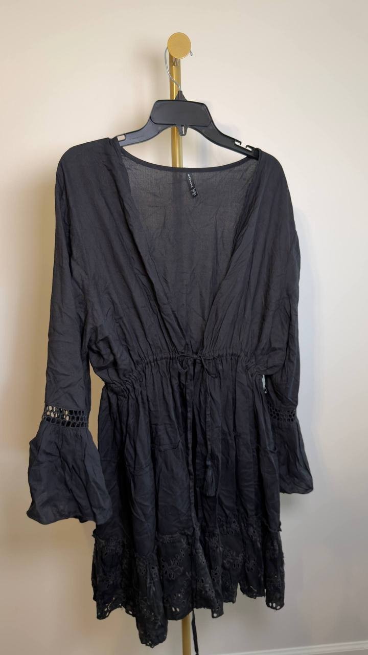 Raviya Lace-Inset Tie-Front Tiered Swim Cover-Up Black 2X NWOT $48
