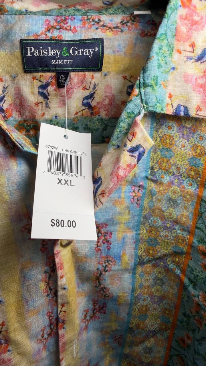 Paisley & Gray Slim Fit Multi‑Pattern Camp Shirt Pink/Green XXL NWT $80