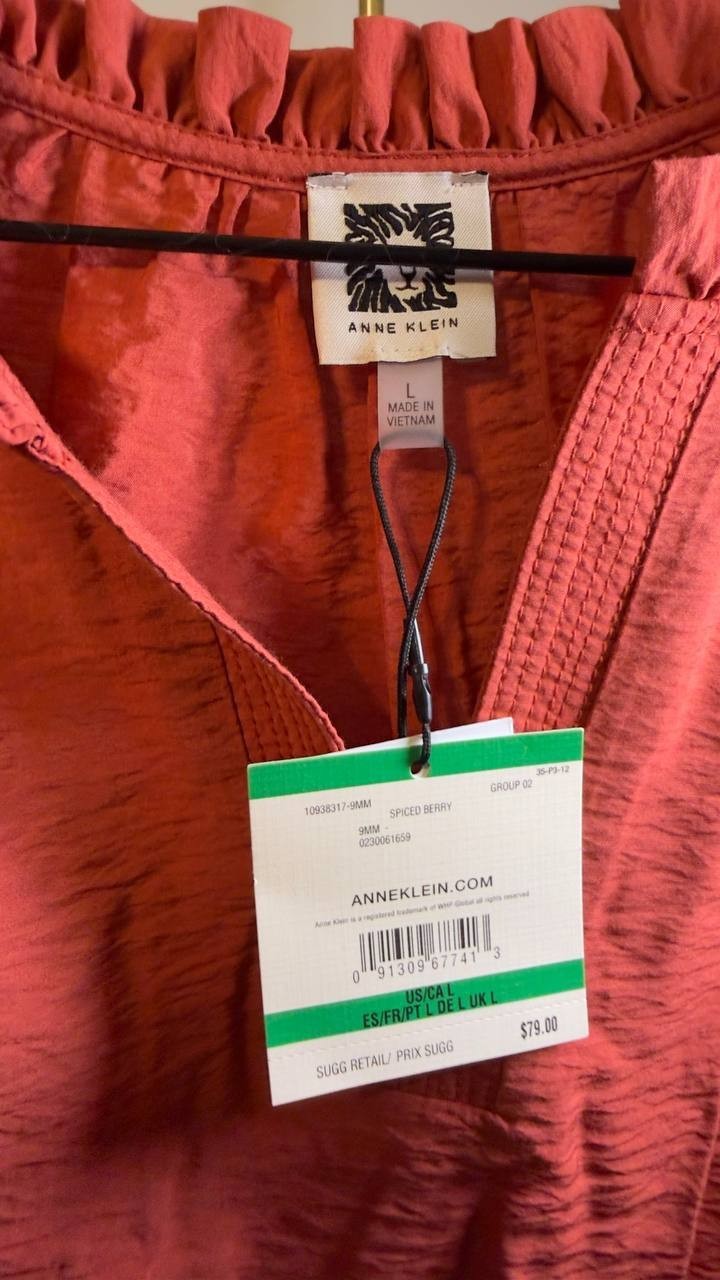 Anne Klein V‑Neck Flutter‑Sleeve Blouse Spiced Berry L NWT $79