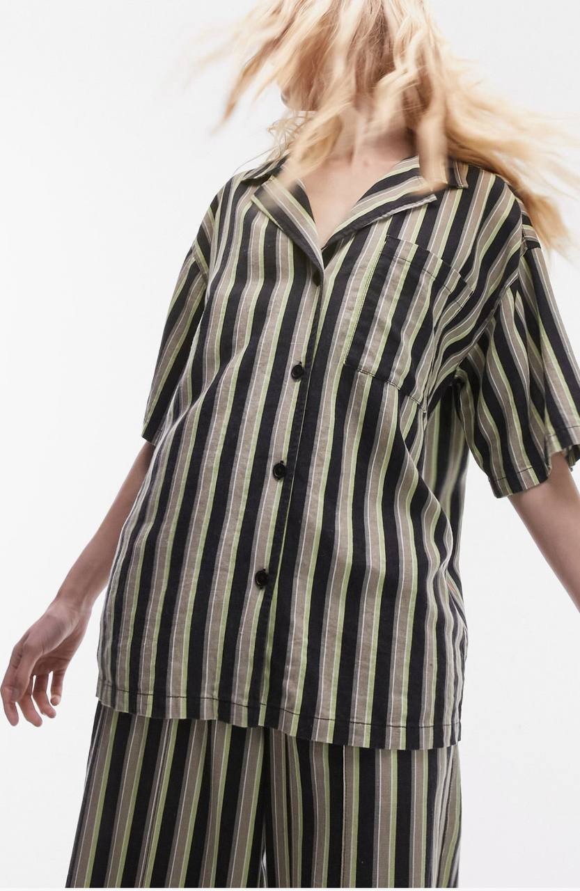TOPSHOP Striped Linen-Blend Short Sleeve Button-Up Shirt, Women, Size US 10