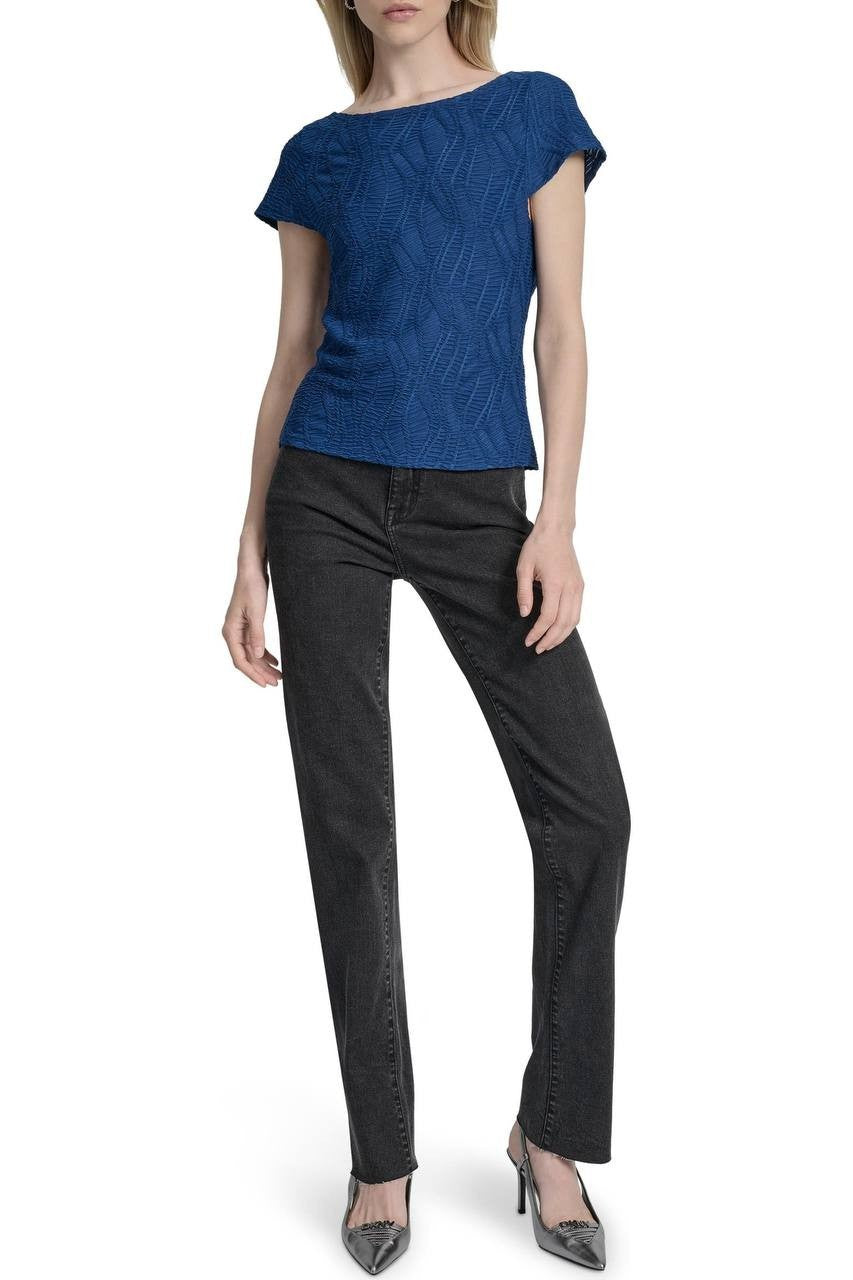 DKNY Texture Knit Boat‑Neck Top Cadet Blue S NWT $69