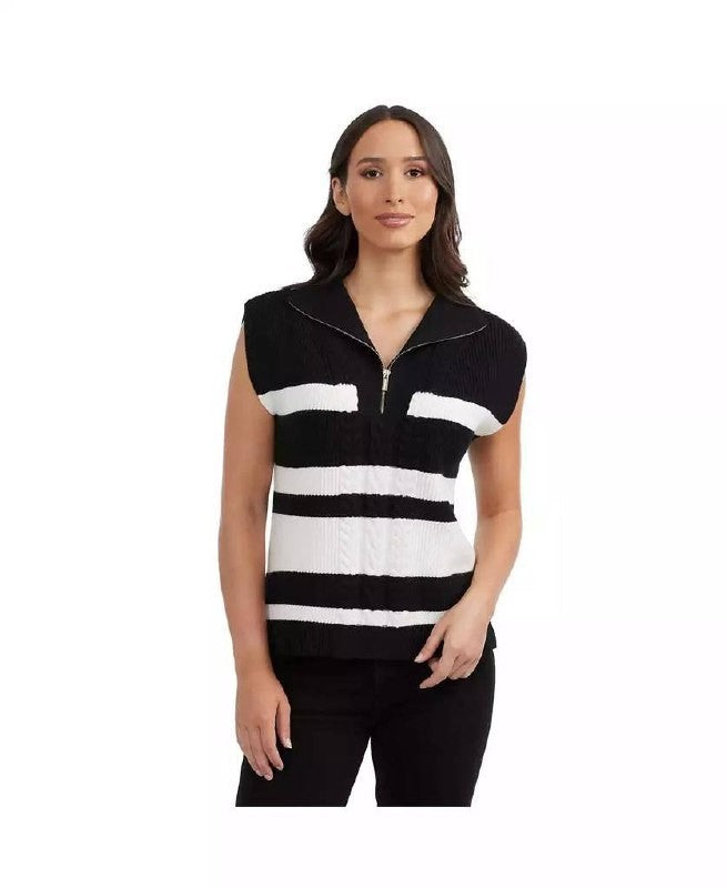 Ellen Tracy XL Sleeveless Half Zip Sweater Vest Black White Stripes NWOT