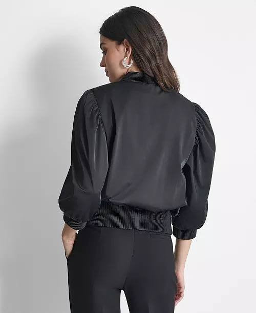 DKNY Women’s High Shine Sateen Puff Sleeve Jacket Black-Size L-NWT-$139