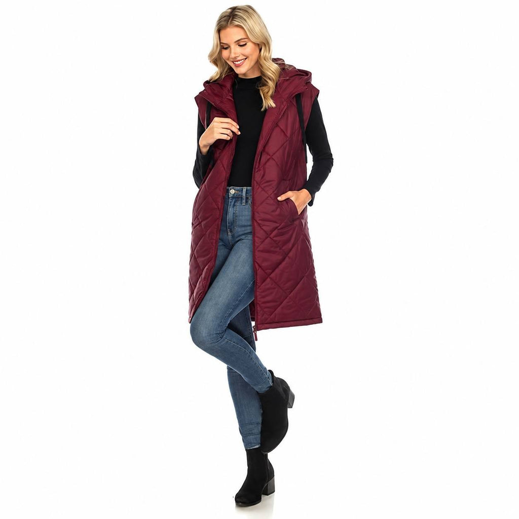 White Mark Diamond Quilted Hooded Puffer Vest Burgundy L NWT $95