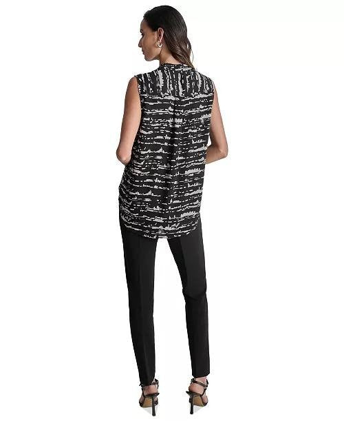 DKNY Top S Black Printed Surplice Sleeveless V-Neck Blouse Workwear NWT MSRP $69