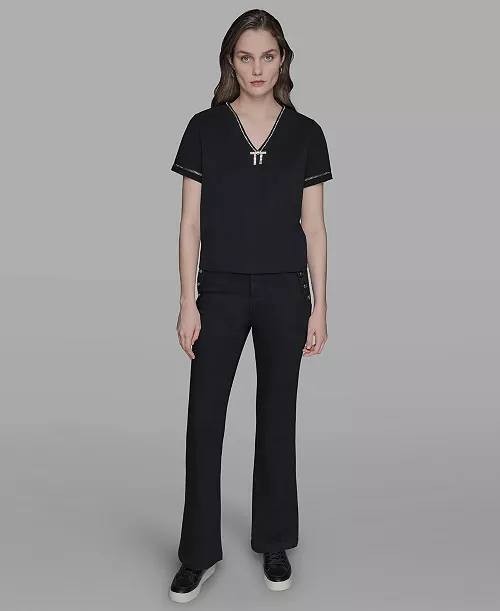 Karl Lagerfeld Paris Sparkle‑Bow V‑Neck Knit Top Black XS NWT $89