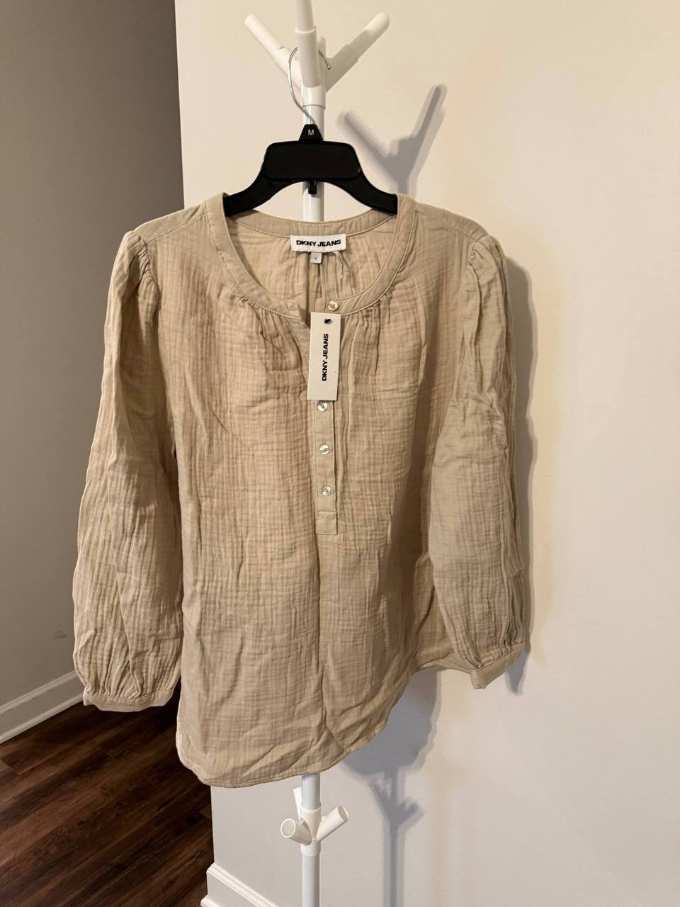 DKNY Jeans Textured Button‑Front Long‑Sleeve Top – Beige – Size XL – NWT – $59