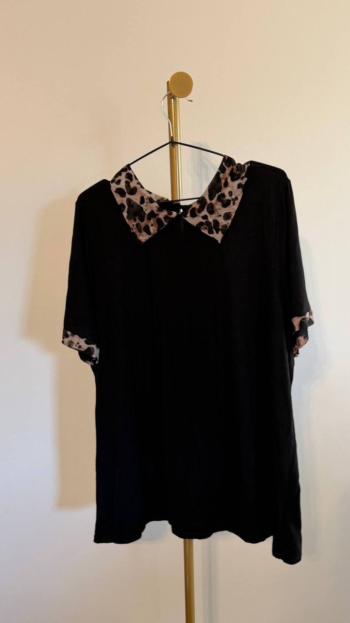 Coin 1804 Women’s Leopard Trim Mesh Collar Top Black 3X $34 NWT
