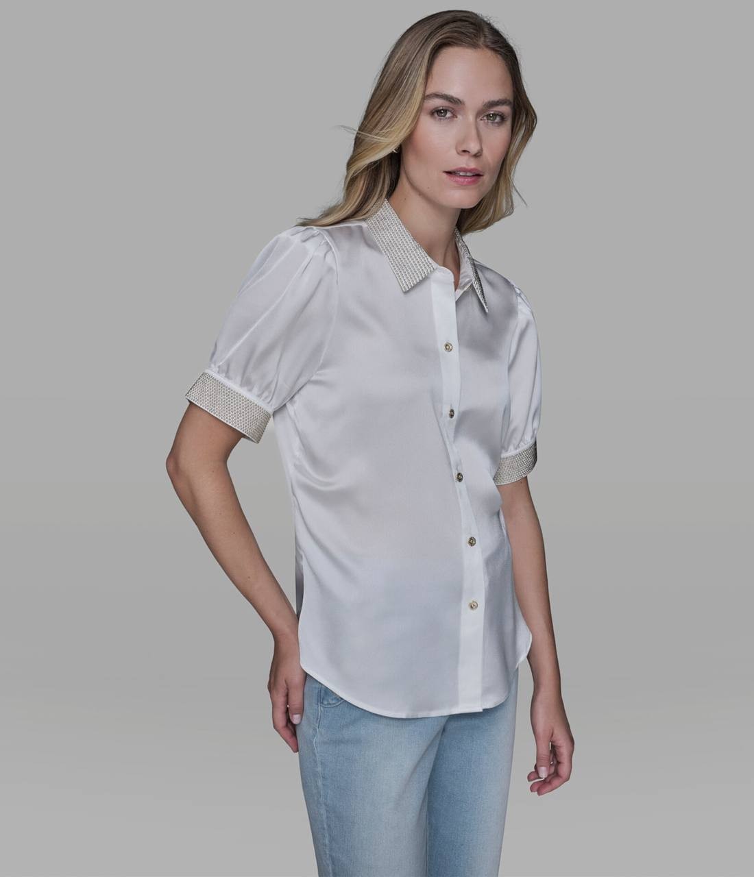 Karl Lagerfeld Paris Beaded Satin Stud Blouse Soft White M NWT $109
