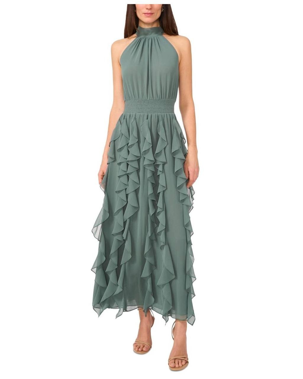 1.STATE Dress L Green Halter Ruffle Maxi Smocked Waist Elegant NWT MSRP $109