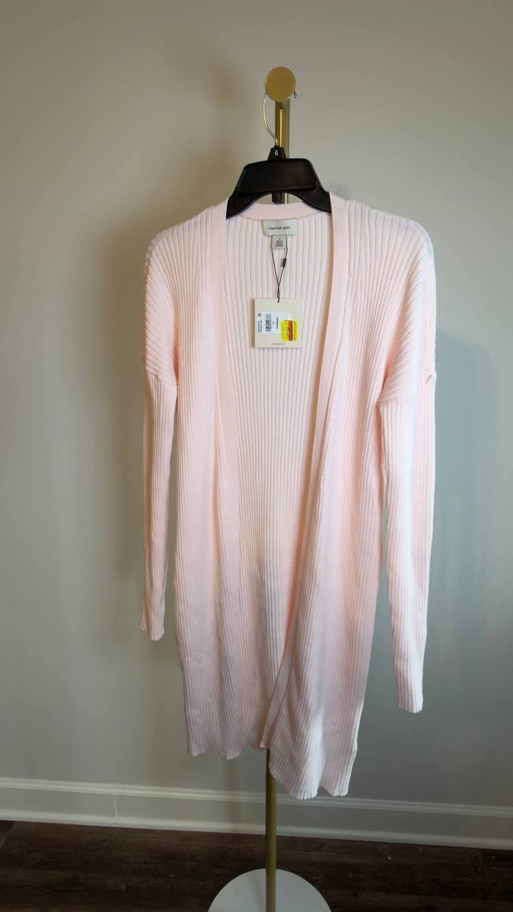 Calvin Klein Cotton Ribbed Open‑Front Duster Cardigan Pearl M NWT $99