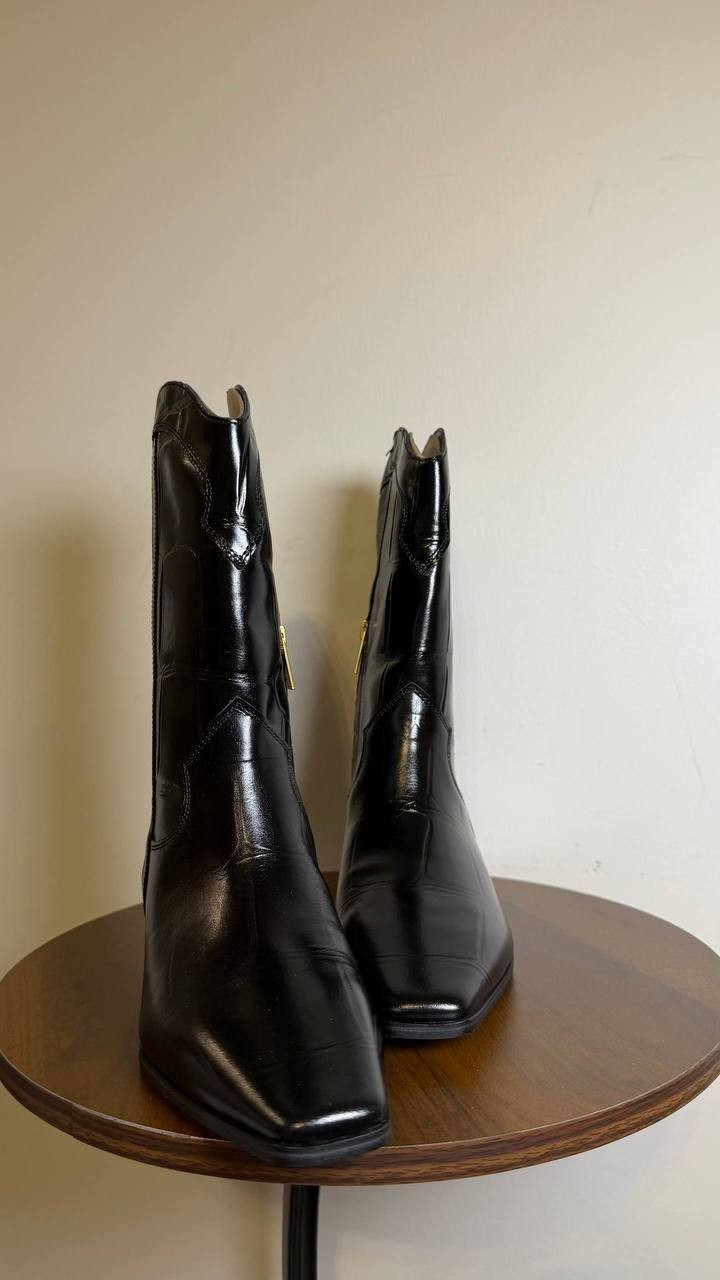 Vince Camuto Prilie Square‑Toe Western Leather Boots Black 7.5M NWB $169