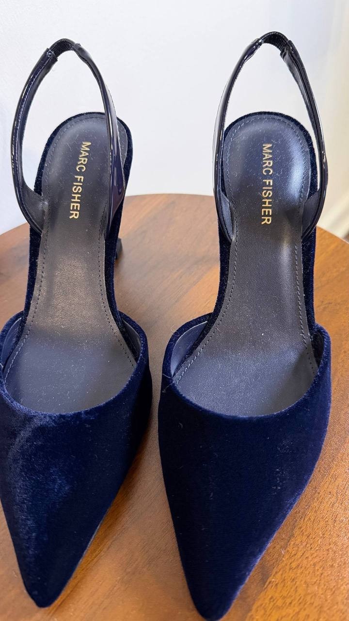 Marc Fisher Hadya Pumps 8M Navy Velvet Pre‑Owned Used at Home No Box $89