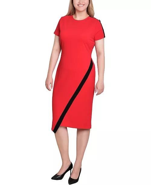 NY Collection Petite Asymmetrical Hem Dress Fire Red Black PXL $52 NWT
