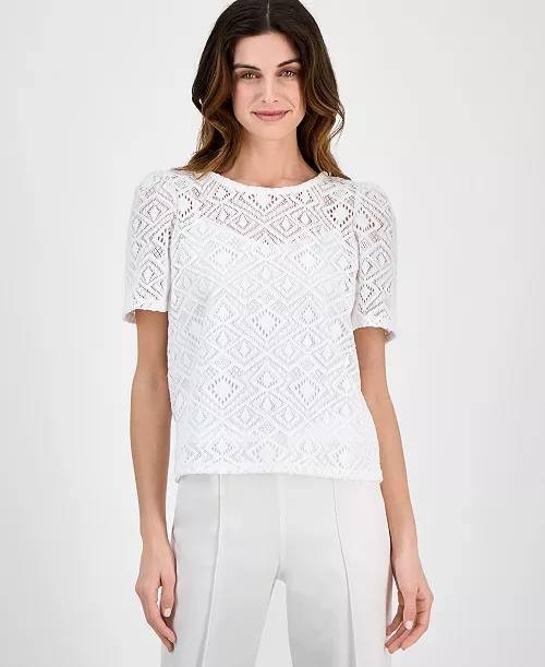 Anne Klein Lace Puff-Sleeve Top White XL Regular New With Tags Blouse NWT