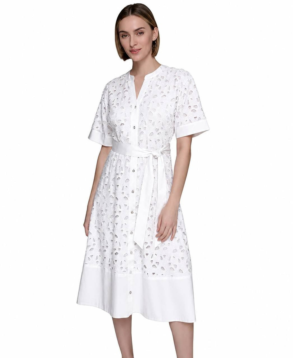 Karl Lagerfeld Cotton Eyelet Button‑Front Dress White 6 NWT $199
