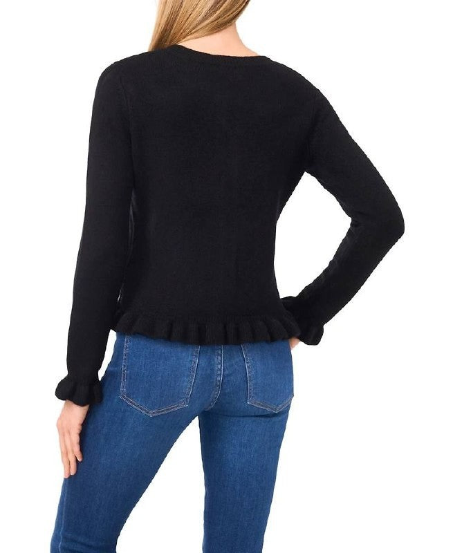 CeCe Ruffle‑Edge Long‑Sleeve Cardigan – Black – Size M – NWT – $89