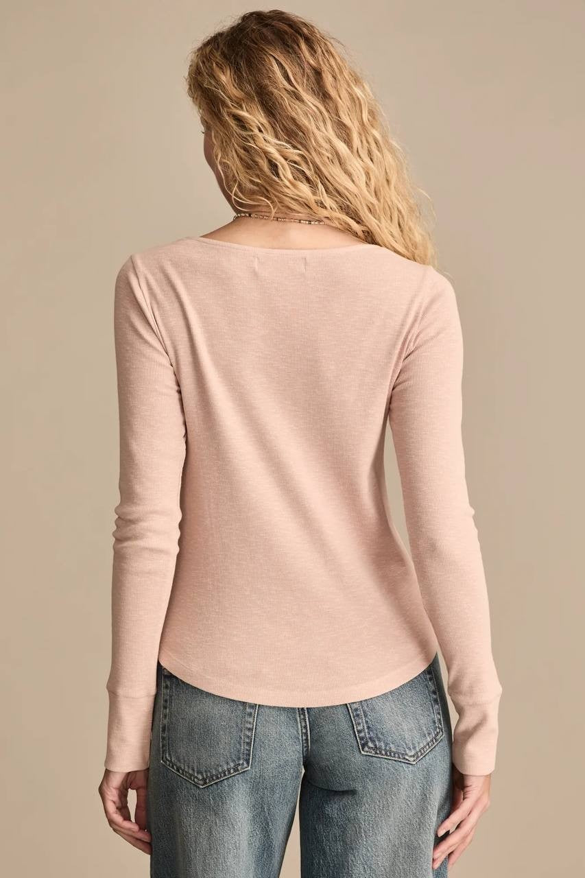 Lucky Brand Lace Yoke Henley Knit Top Rose Smoke L Damaged