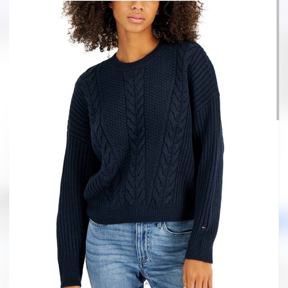 Tommy Hilfiger Traveling Cable Cotton Sweater Sky Captain L NWT $79.50