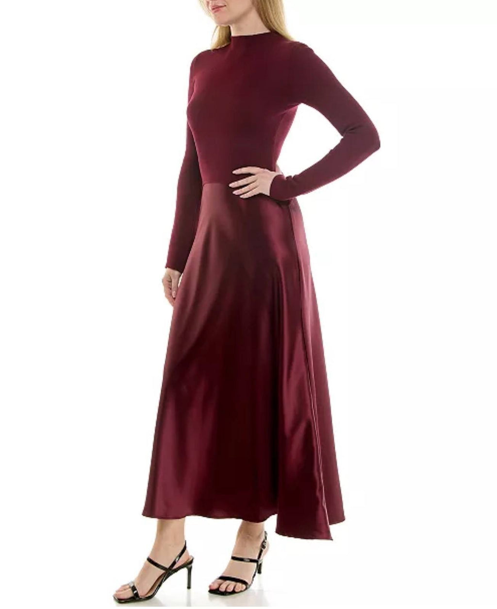 Taylor Satin Twofer A‑Line Sweater Dress Mahogany NWT Size M – Elegant Midi