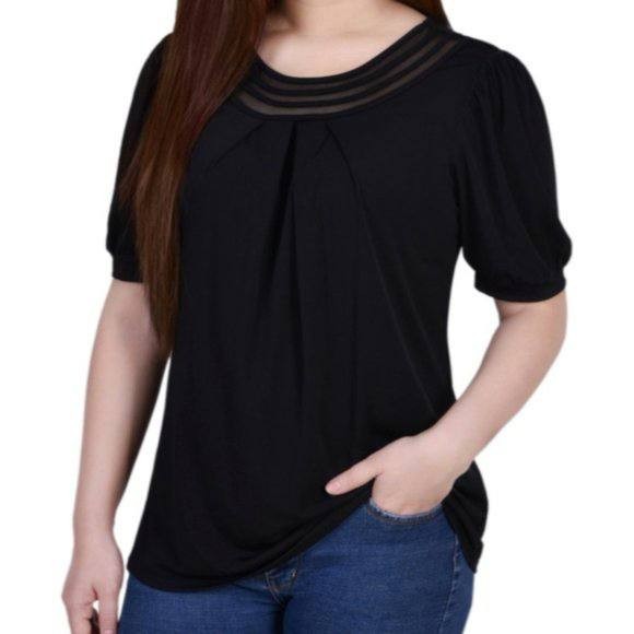 NY Collection Petite Short Puff‑Sleeve Mesh Inset Top – Black – Size PXL – NWT