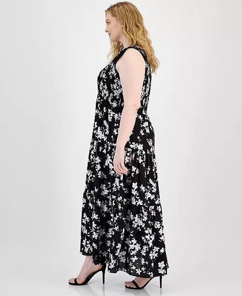 Anne Klein Dress XL Black White Floral Smocked Bodice Sleeveless Maxi NWT