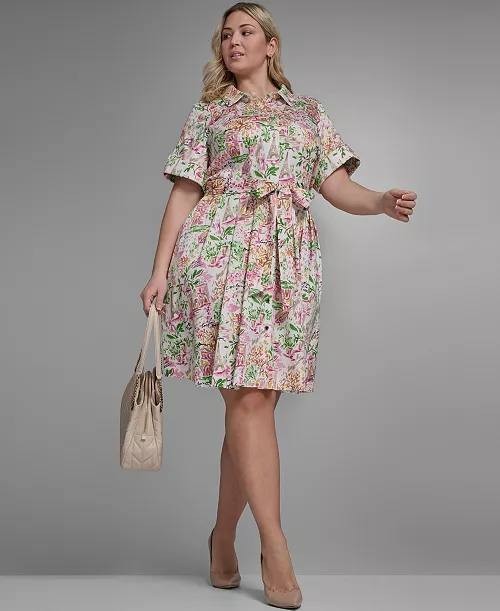 Karl Lagerfeld Paris Plus Printed Collared Dress White/Pink 16W NWT $169